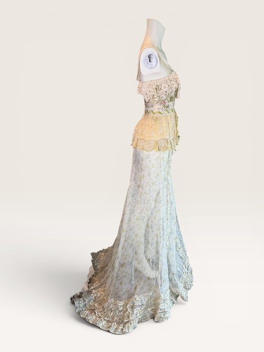 Sage, reworked Victorian embellished corset and organza frill long floral print skirt