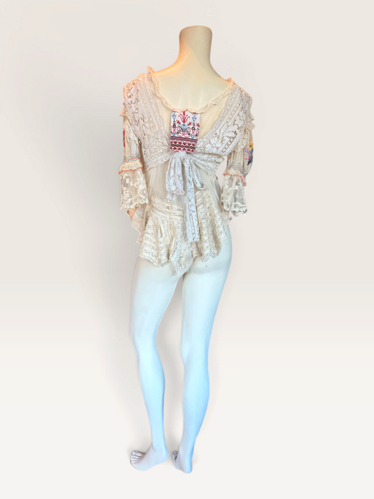 Paulina, reworked antique lace blouse with Romanian silk embroidered sleeves and collar