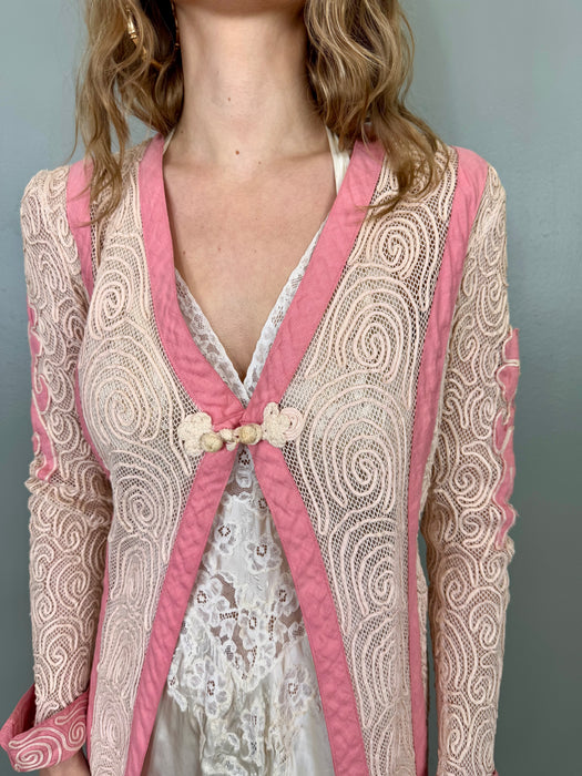 Basma, 20s pink and cream cotton ribbon work jacket