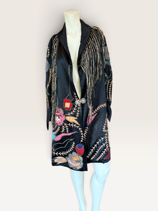 Arca, reworked Art Deco silk embroidered coat with fringing