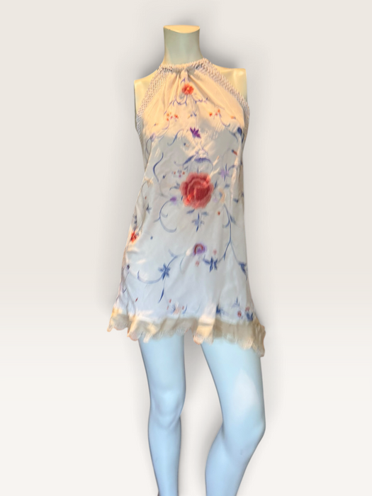 Plato, reworked short piano shawl embroidered dress with brass chocker