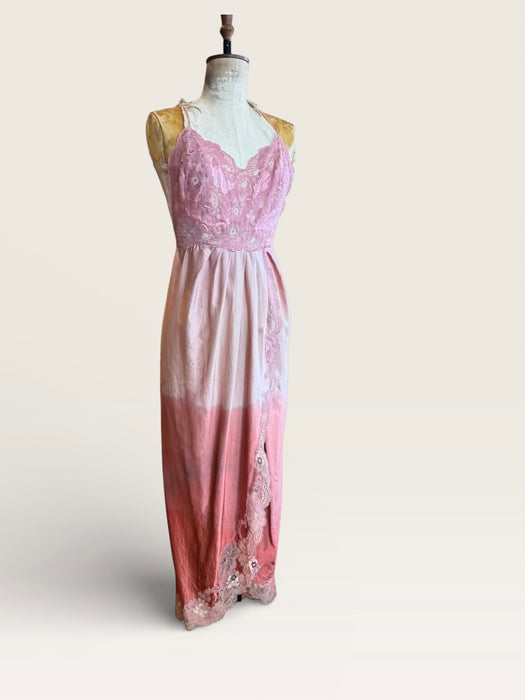 Smart, 40s hand dyed pink and terracotta ombré silk and lace petal dress
