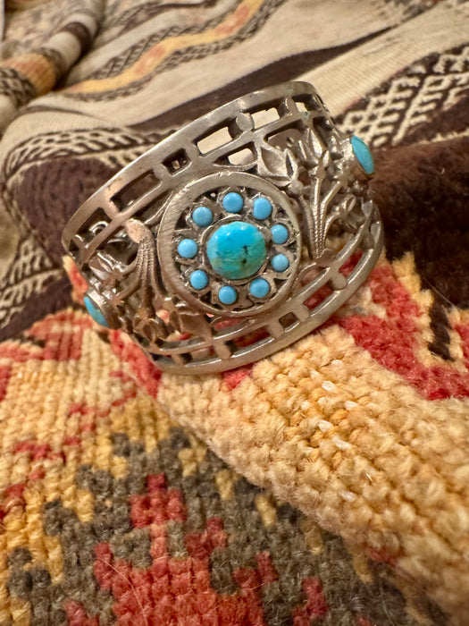 Julia, antique Native American silver turquoise cage etched cuff