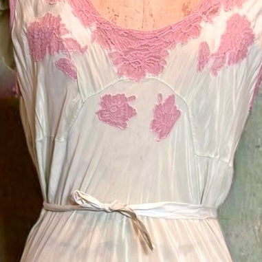 Apoline, 30s bias cut mint green and pink lace silk slip dress
