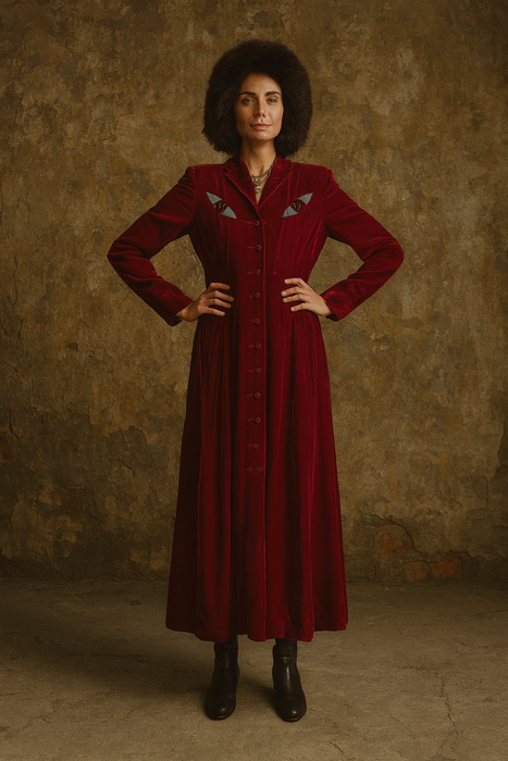 Michéle Pernetta, 80s burgundy velour cat eye long coat