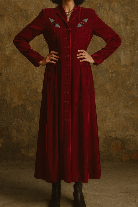 Michéle Pernetta, 80s burgundy velour cat eye long coat