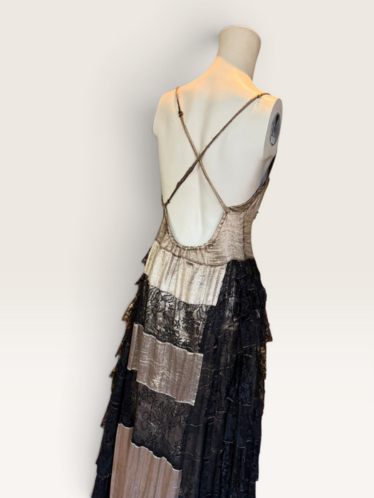 Fay, reworked 1930s gold and black lace tiered dress