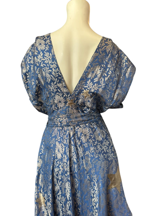 Slay, 30s blue and silver lamé bias cut dress with silver stars