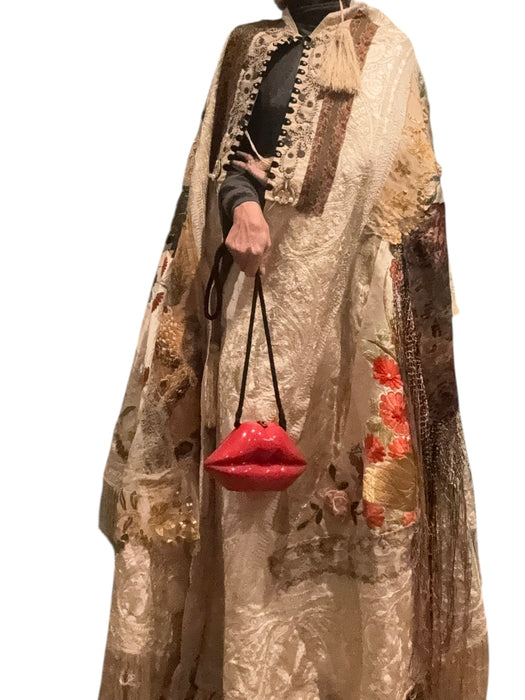 Donna, Reworked 40s Kashmiri embroidered patchwork fringed cape