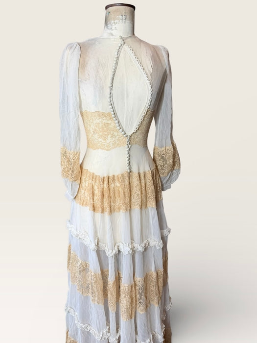 Sabine, 30s off white chiffon and cream lace tiered buttoned dress