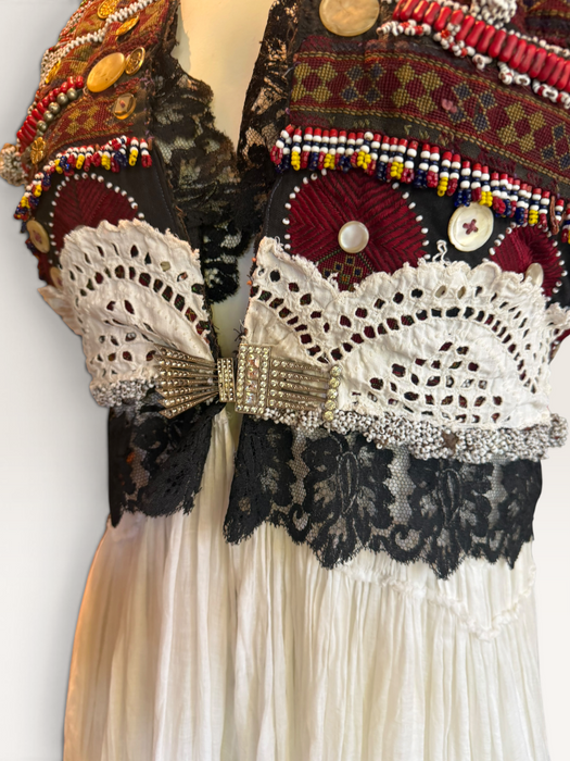Natalia, reworked Victorian tiered skirt and Afghan beaded dress