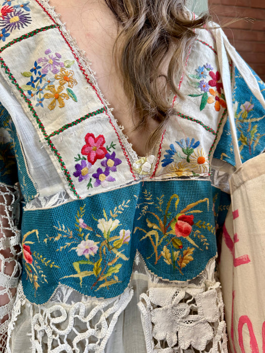 Joyce, reworked antique lace and needlepoint coat