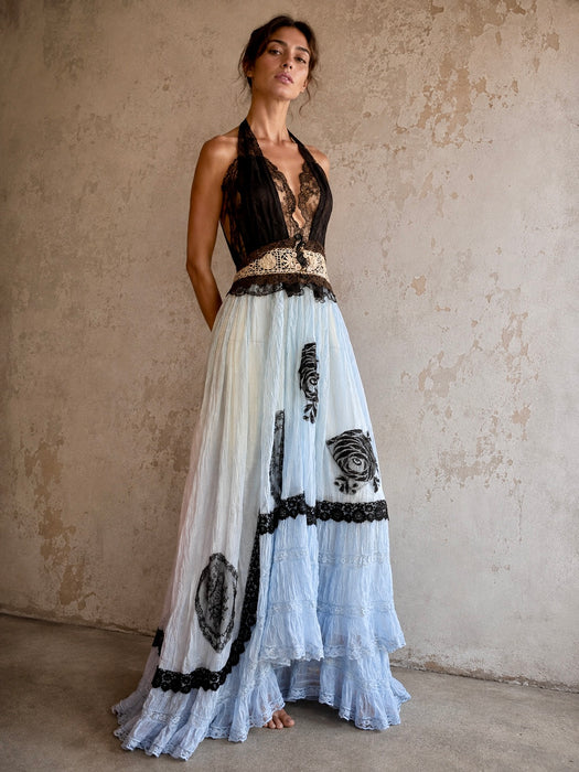 Portia, hand dyed Victorian pale blue cotton and black Chantilly lace dress