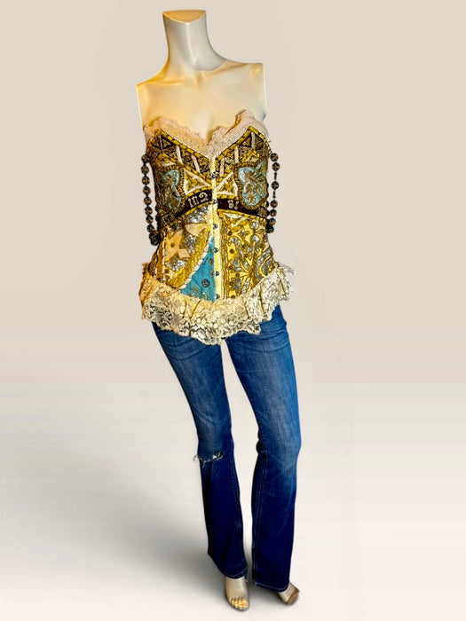 Papal, Edwardian ecclesiastical embroidered corset with lace and antique shoulder beads
