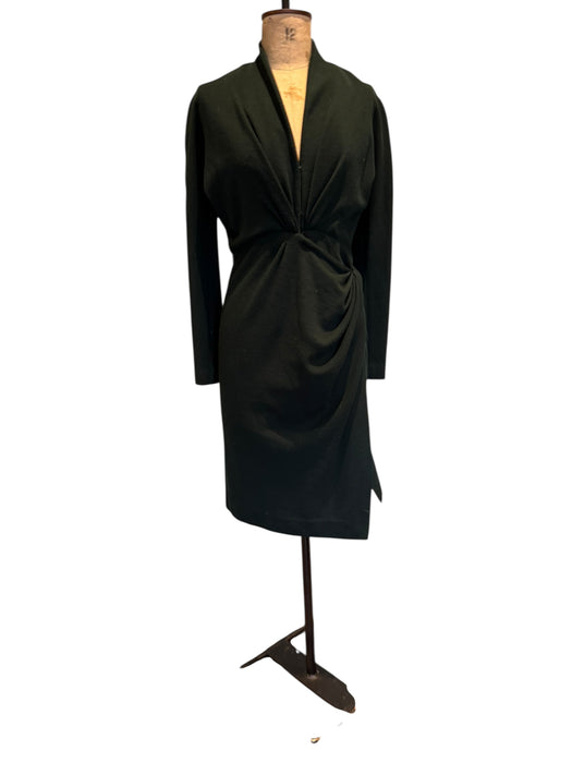 Donna Karen, Y2K bottle green wool draped wrap over dress