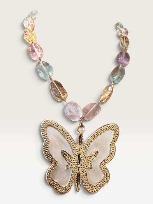 Jasmir, reworked pearlised vintage butterfly necklace with pastel crystals