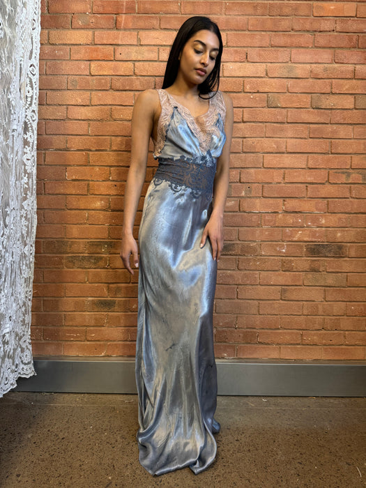 Azure, 20s bias cut hand dyed dress with lace detail
