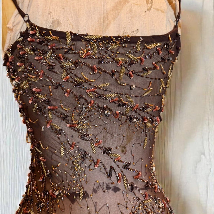 Tory, 90s beaded brown bias cut chiffon handkerchief dress