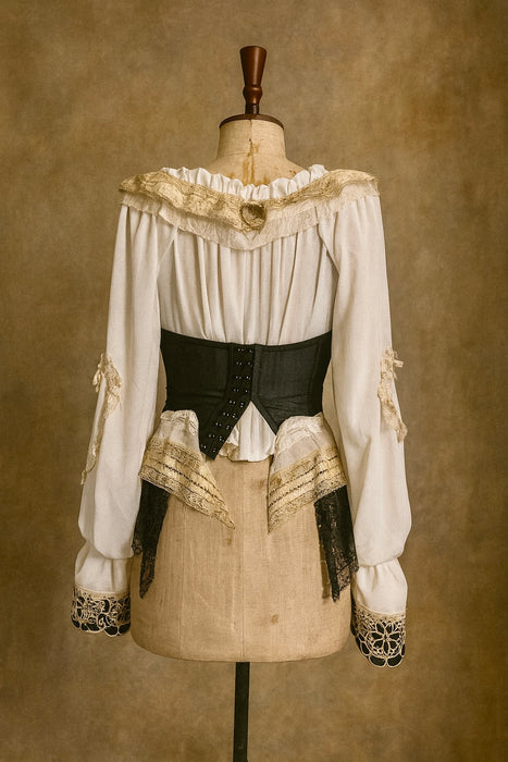 Pluto, reworked corseted lace and beaded poet blouse
