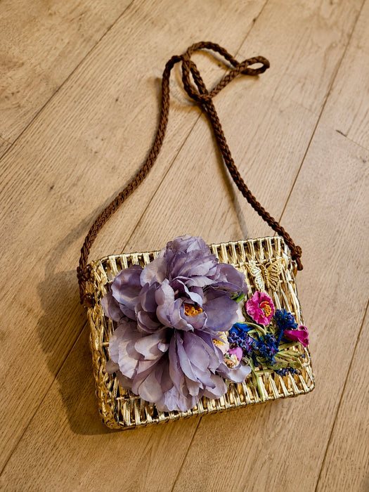 Magli, 70s Made Italy, gold straw shrouded bag with silk antique florals and gold plated butterfly