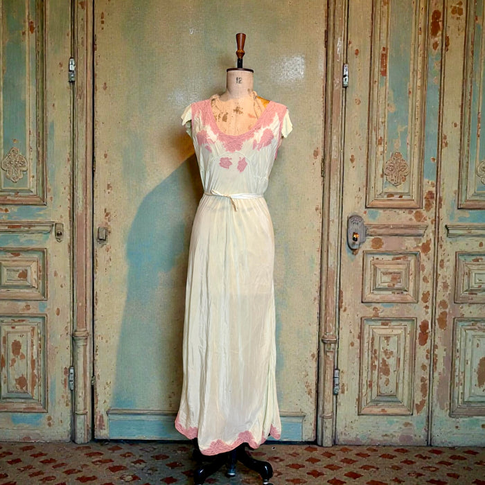 Apoline, 30s bias cut mint green and pink lace silk slip dress