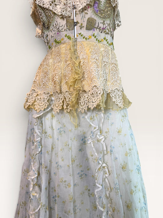 Sage, reworked Victorian embellished corset and organza frill long floral print skirt