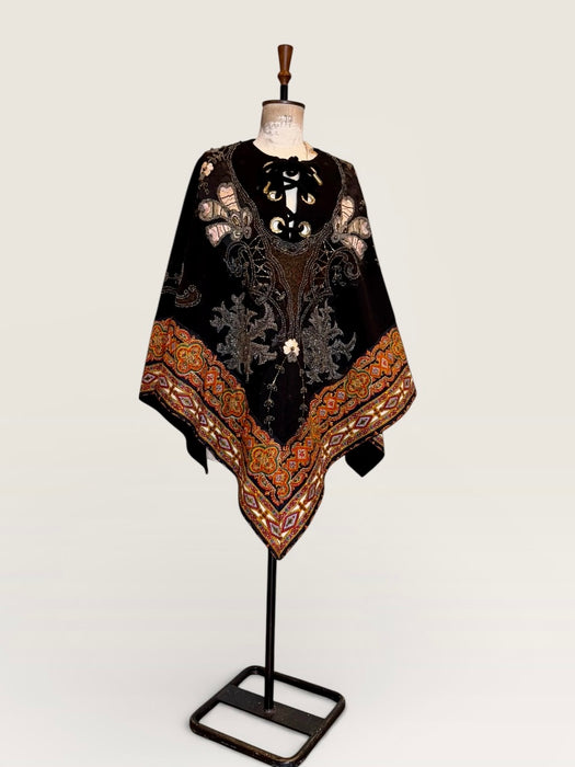 Marina, 70s paisley wool cape with 20s beading and floral embroidery