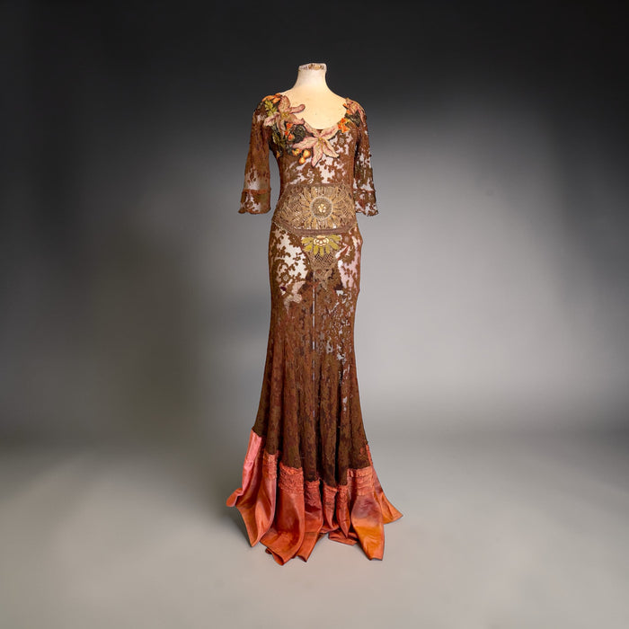 Arlo, 1930s burnt orange lace bias cut dress with Edwardian metallic embroidery and hand made silk florals