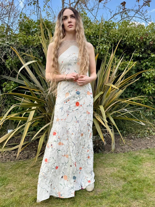 Caprice, reworked 40s silk embroidered floral shawl dress
