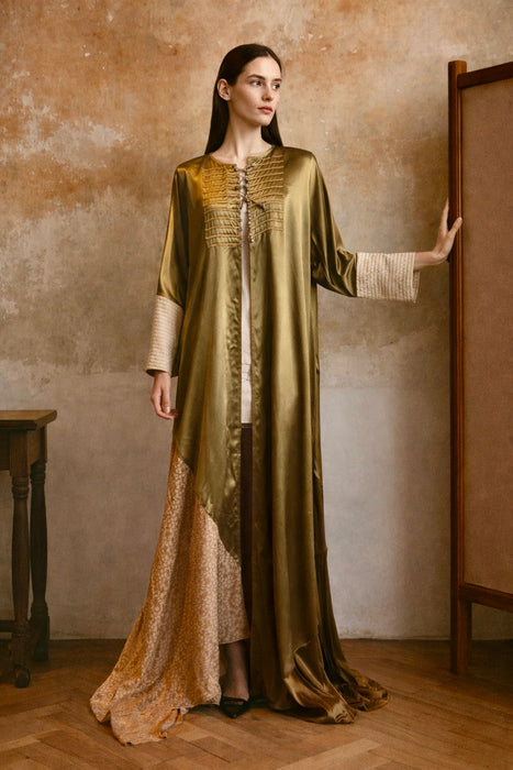 Rifat Ozbek, 90s silk and velvet long handkerchief hem robe