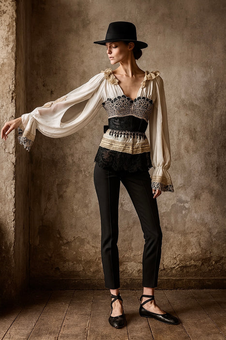 Pluto, reworked corseted lace and beaded poet blouse