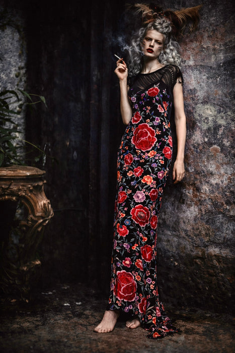 Birdie, reworked 40s embroidered piano shawl bias cut fringed dress