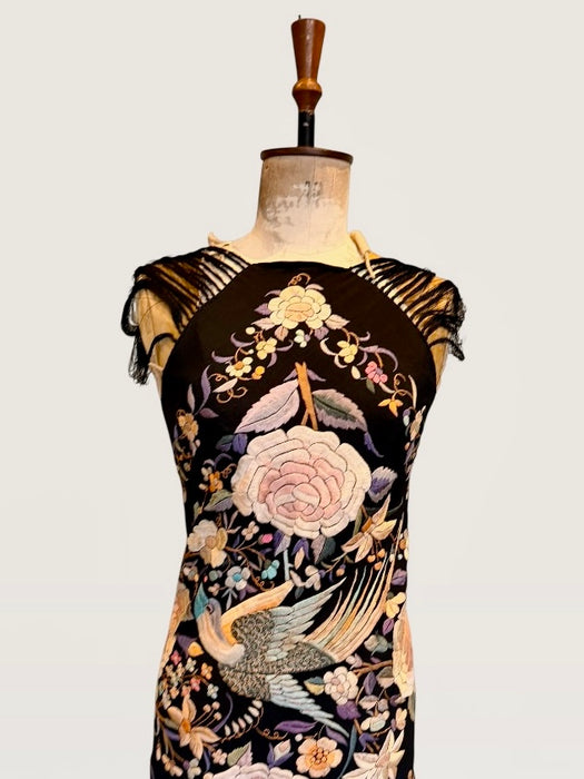 Angel, reworked 30s silk embroidered piano shawl bias cut dress