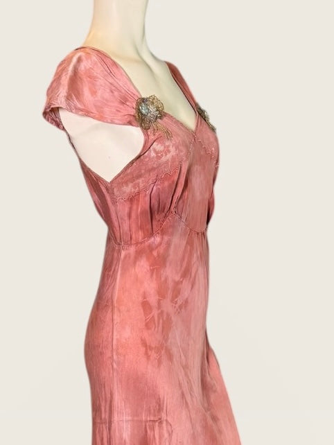 Martha, hand dyed 1930s silk and lace dress with hand made metallic rosettes