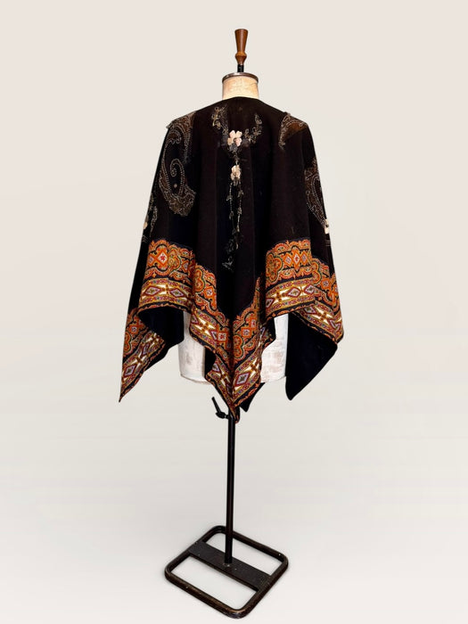 Marina, 70s paisley wool cape with 20s beading and floral embroidery