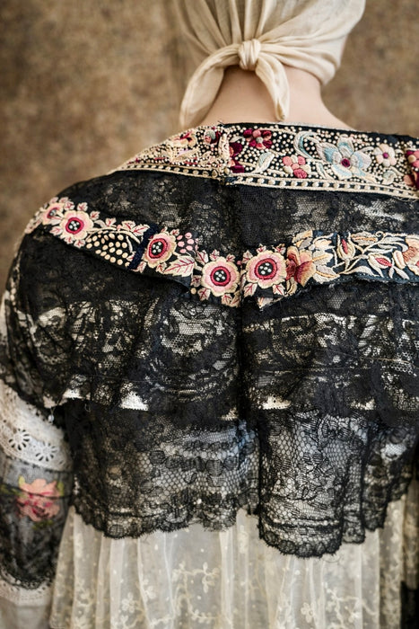 Moldova, reworked antique lace and embroidered ribbon coat