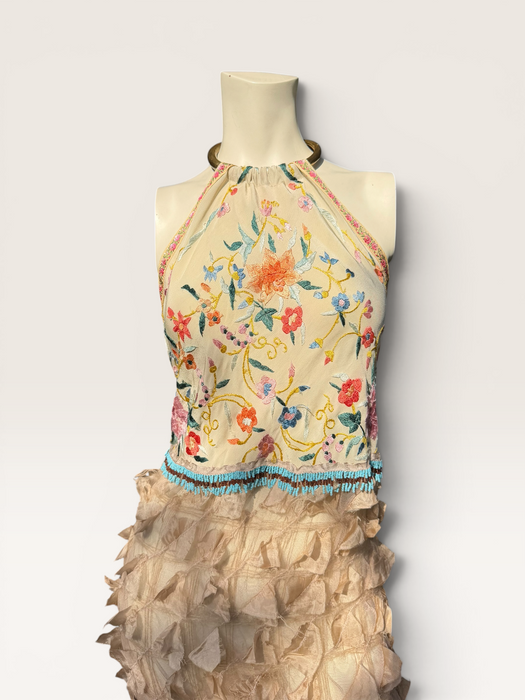 Kali, reworked embroidered piano shawl dress with brass choker and 20s sheered metallic skirt