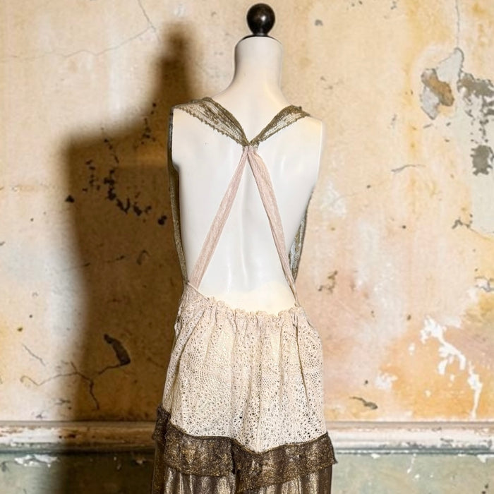 Miter, reworked 1920s French gold lamé and lace dress with Edwardian embroidery