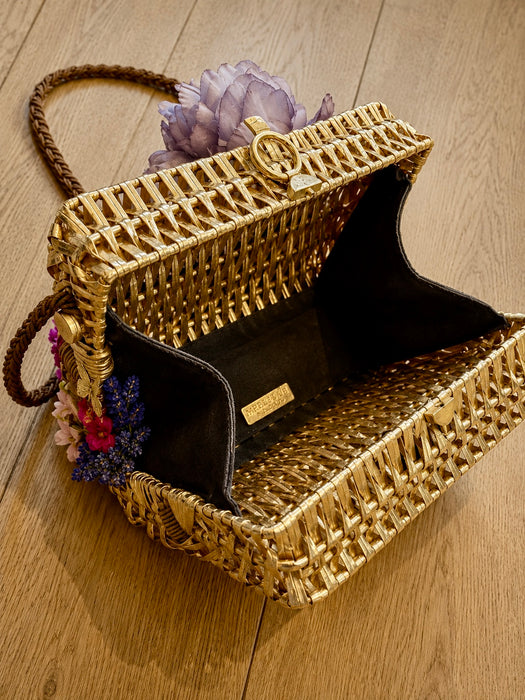 Magli, 70s Made Italy, gold straw shrouded bag with silk antique florals and gold plated butterfly