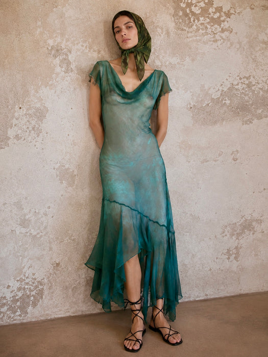 Ronda, hand dyed emerald green bias cut, asymmetric vintage chiffon beaded dress