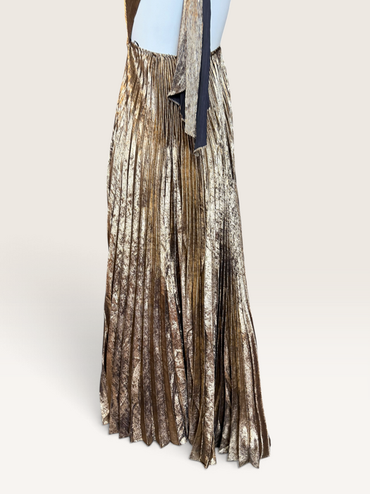 Addison, 1970s gold lures pleated gold halter neck dress
