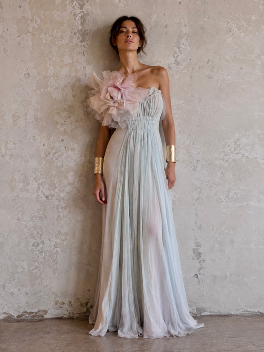J Mendel, duck egg blue, chiffon draped corseted dress