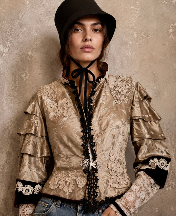Carlotta, reworked Victorian silk damask and lace boned beaded jacket