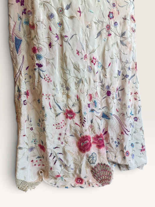 Daria, reworked bias cut cream piano shawl embroidered fringed dress