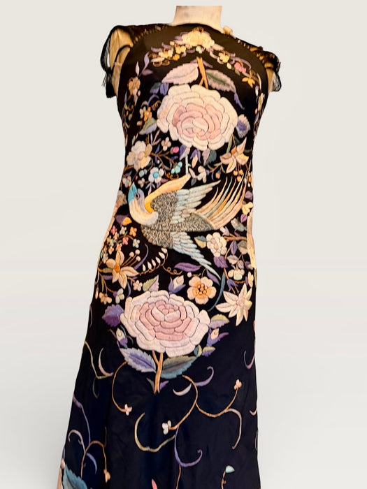 Angel, reworked 30s silk embroidered piano shawl bias cut dress