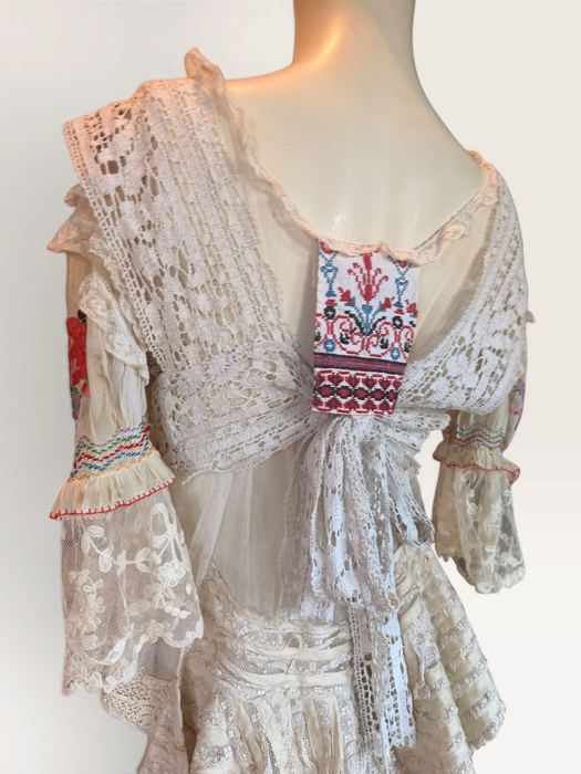 Paulina, reworked antique lace blouse with Romanian silk embroidered sleeves and collar