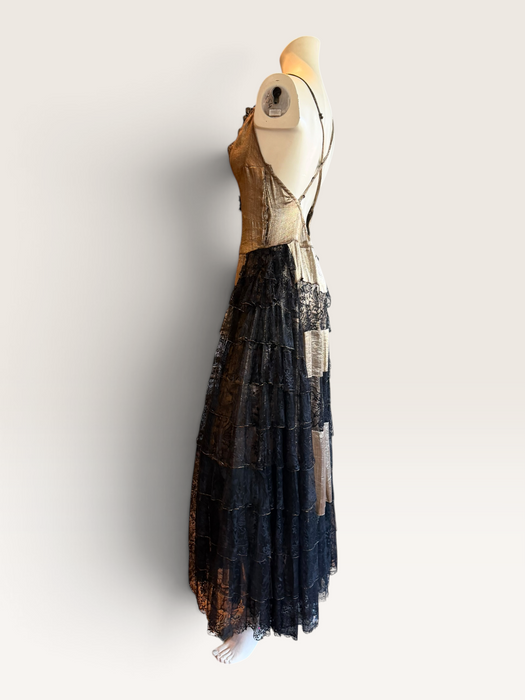 Fay, reworked 1930s gold and black lace tiered dress