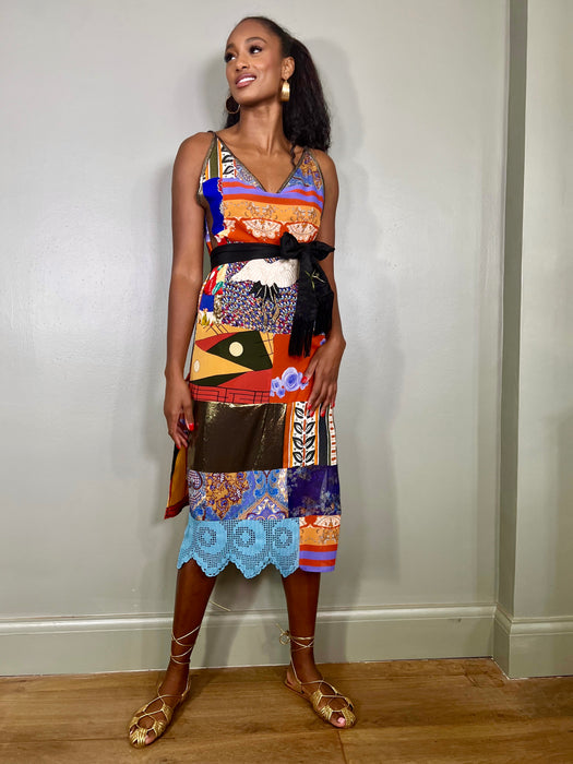 Leora, patchwork mixed print dress