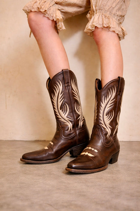 Ozark, 70s brown and cream tooled hand painted cowboy boots