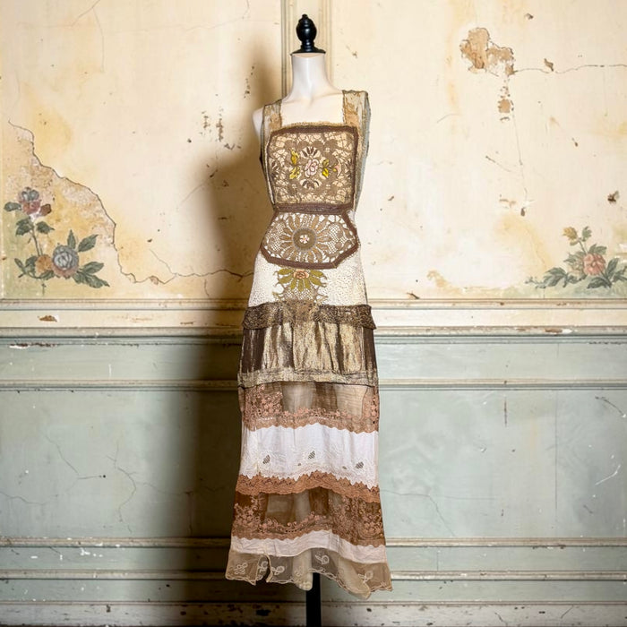 Miter, reworked 1920s French gold lamé and lace dress with Edwardian embroidery